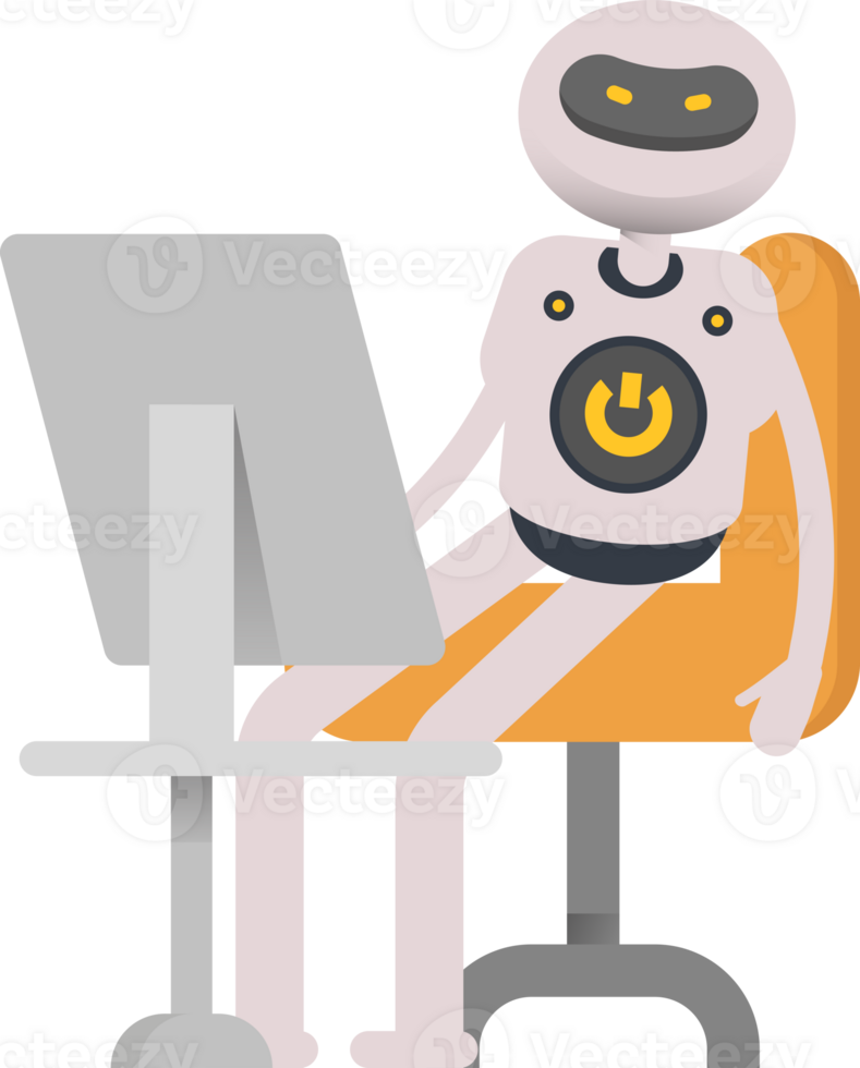 White Robot Character Working on Desktop png