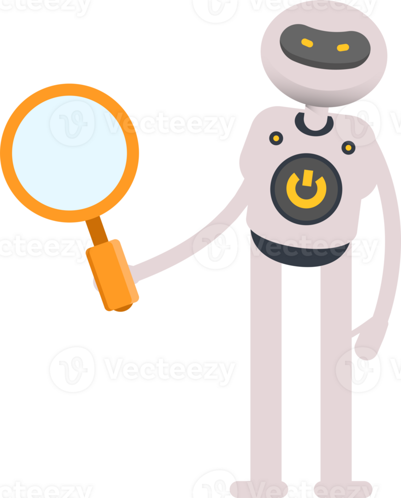White Robot Character Holding Magnifier png