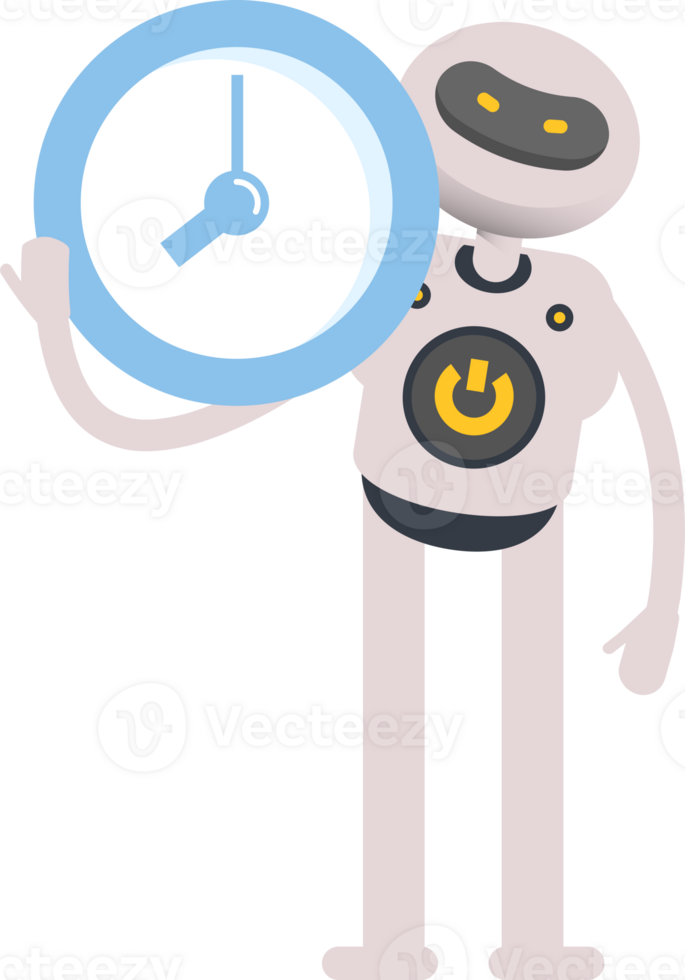 White Robot Character Holding Blue Clock png