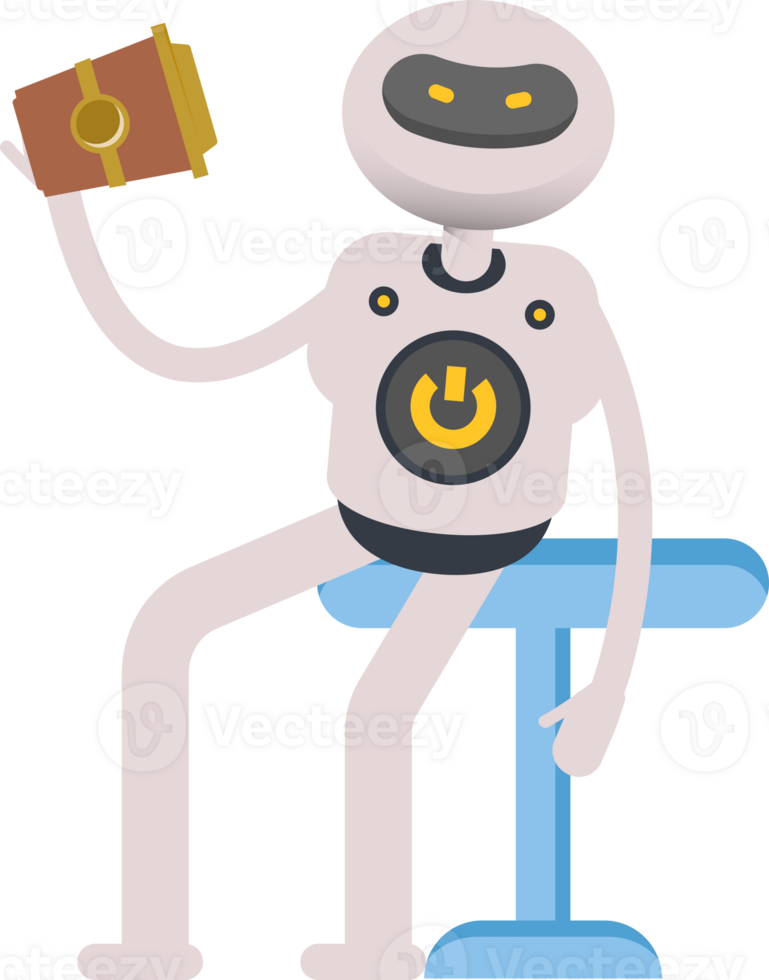 White Robot Character Sitting and Drinking Coffee png
