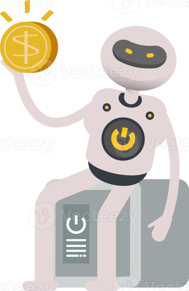 White Robot Character Sitting on Safe and Holding Dollar Coin png