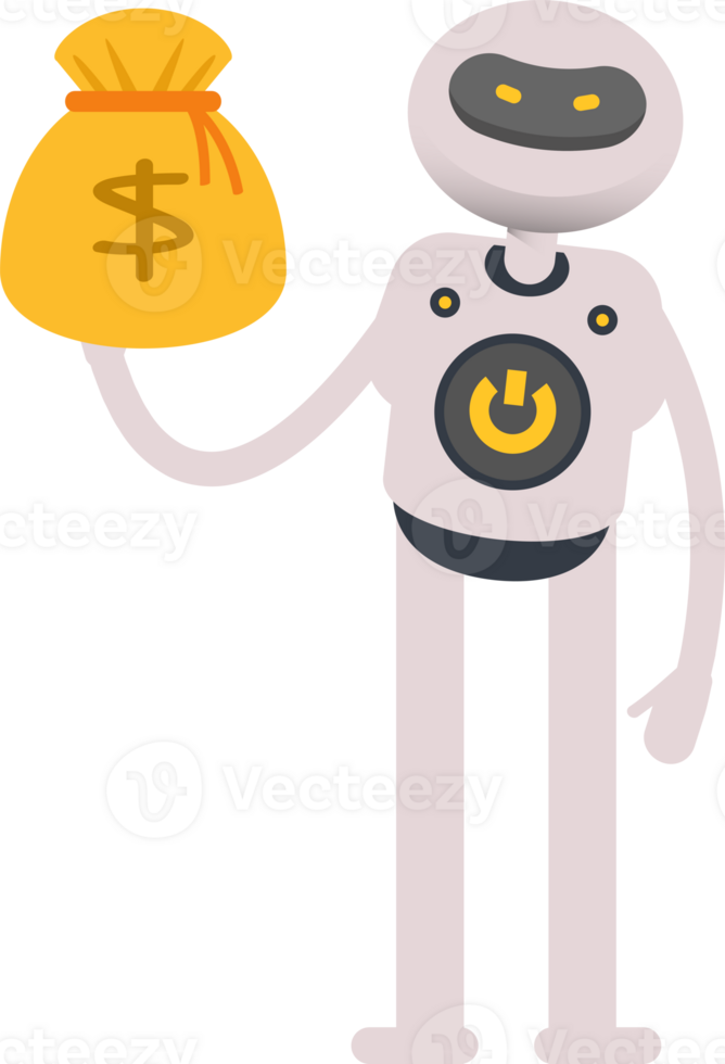 White Robot Character Holding Dollar Sack png