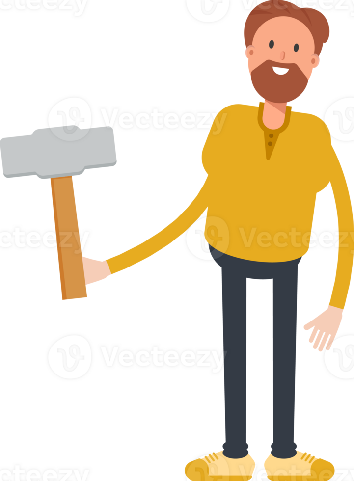 Old Beard Man Character Holding Hammer Tool png