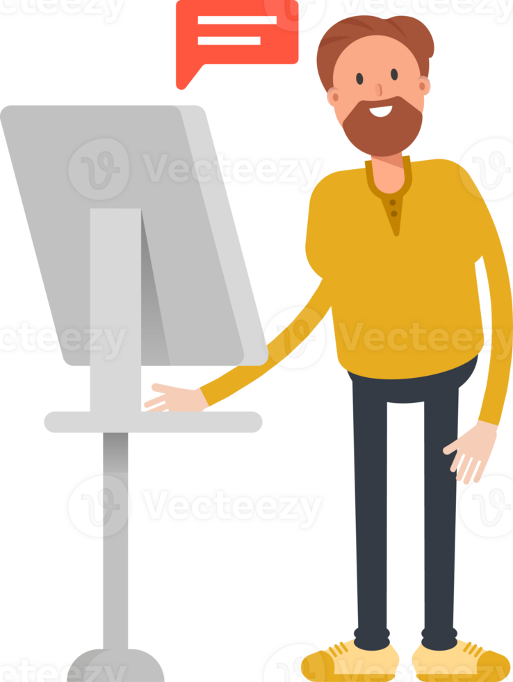 Old Beard Man Character Working on Computer png