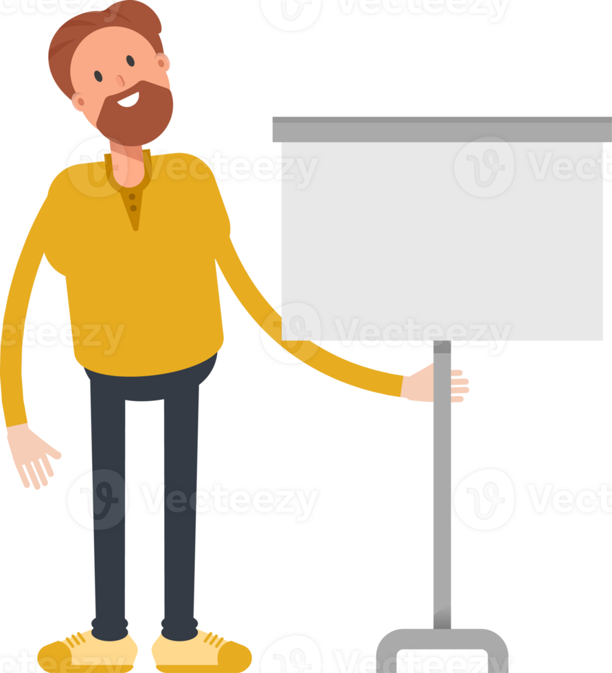 Old Beard Man Character Presenting Whiteboard png