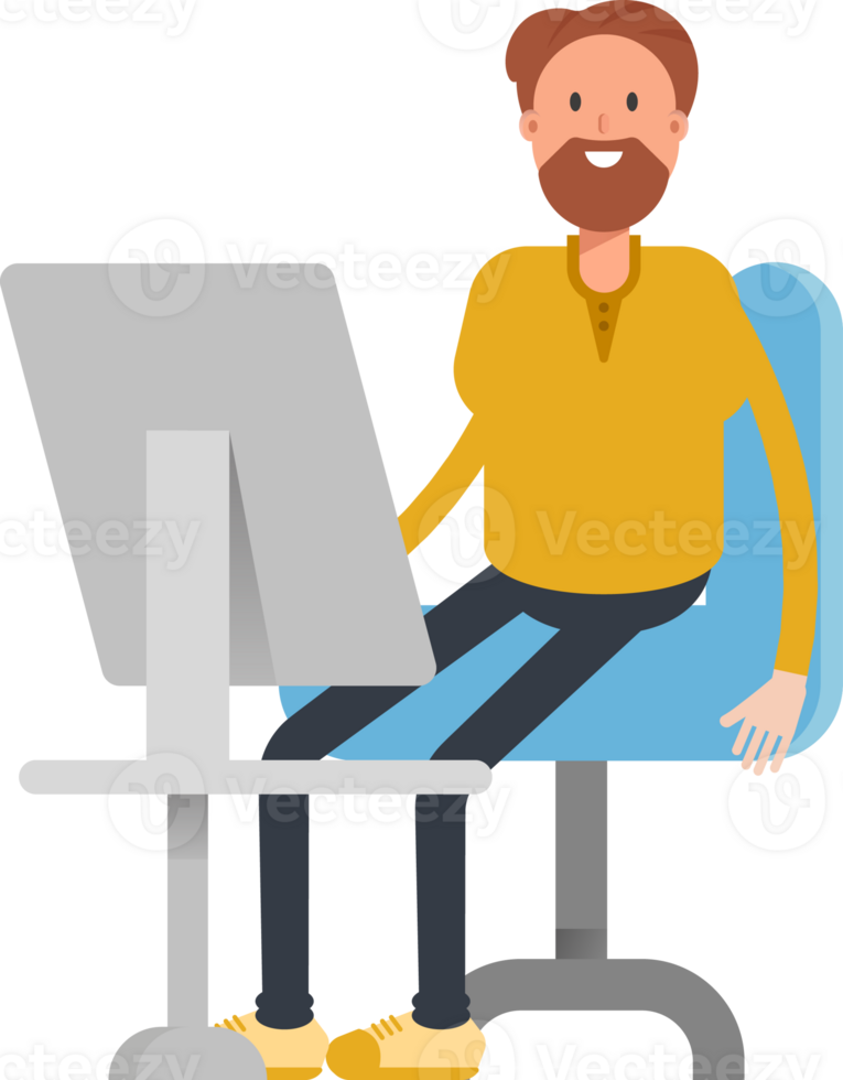 Old Beard Man Character Working on Desktop png