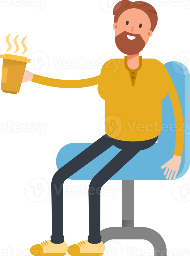Old Beard Man Character Sitting and Drinking Coffee png