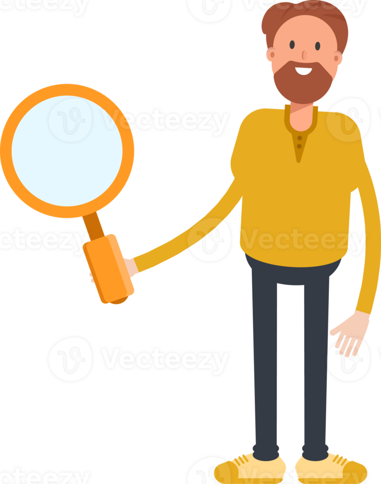 Old Beard Man Character Holding Magnifier png