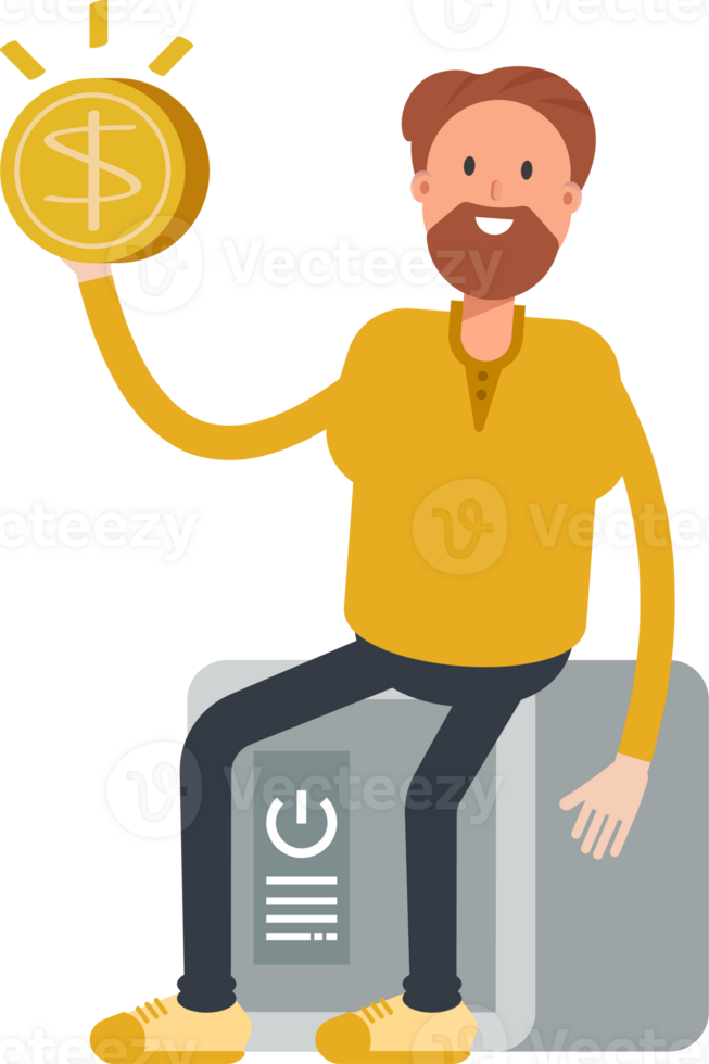 Old Beard Man Character Sitting on Safe and Holding Dollar Coin png