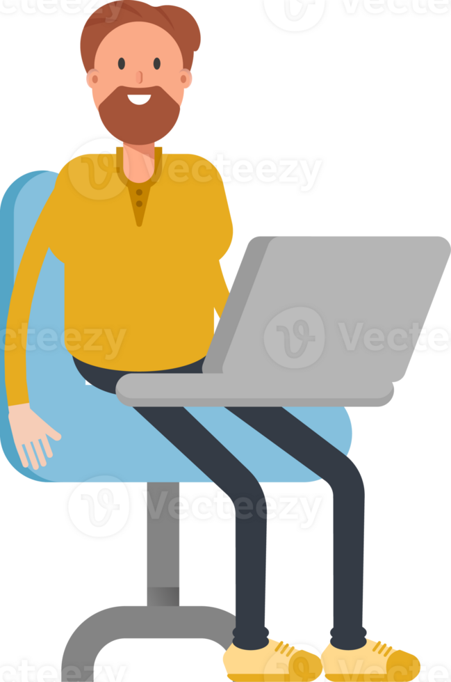Old Beard Man Character Working on Laptop png