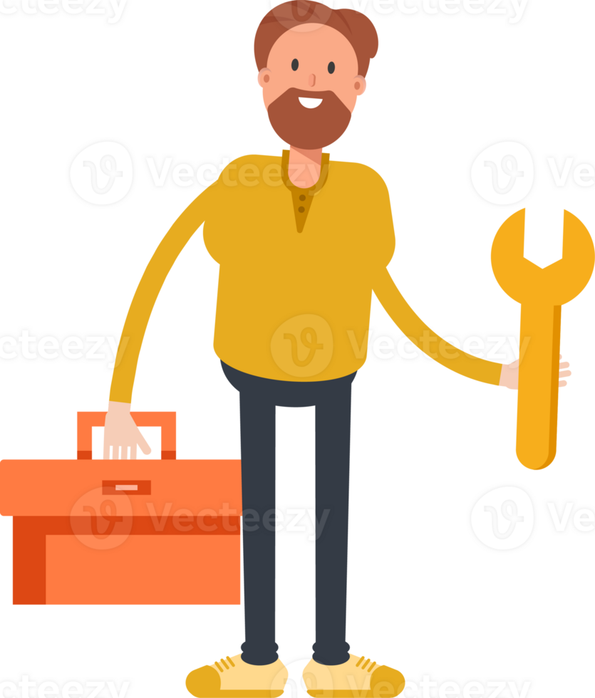 Old Beard Man Character Holding Toolbox and Wrench png