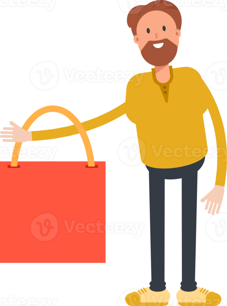 Old Beard Man Character Holding Shopping Bag png