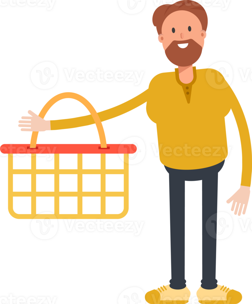 Old Beard Man Character Holding Shopping Basket png