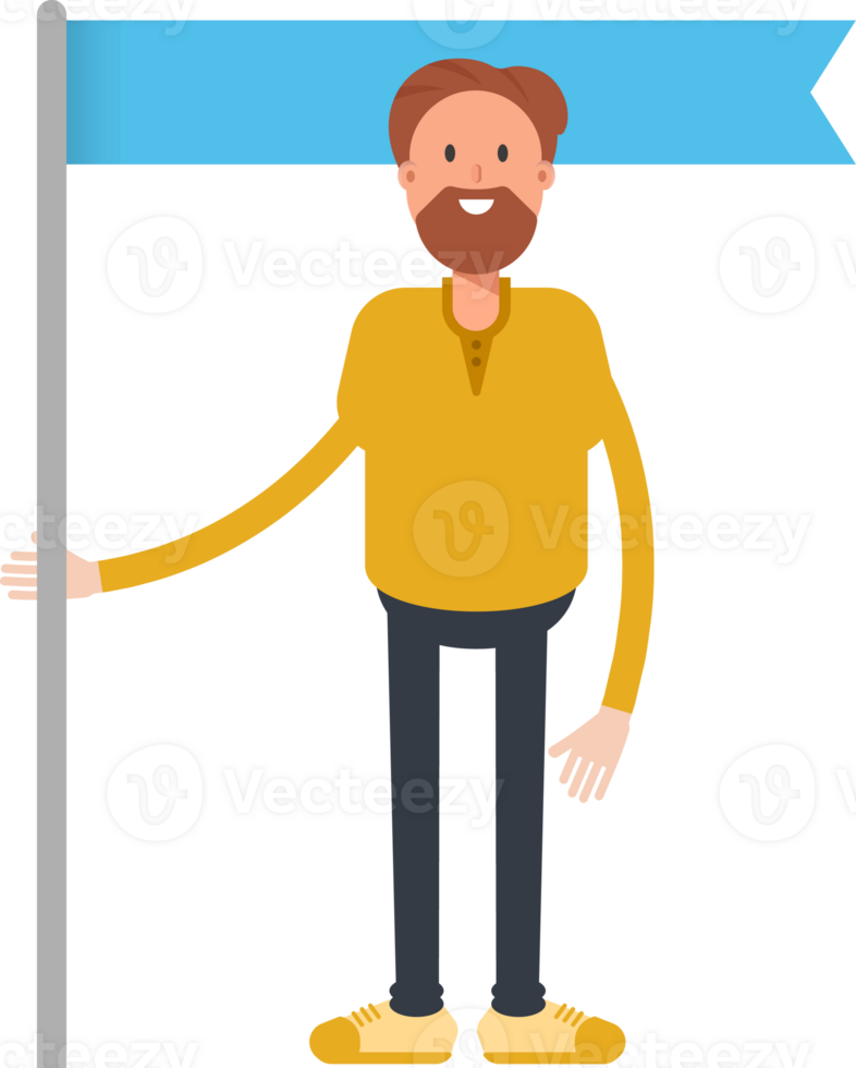 Old Beard Man Character Holding Blue Flag Pole png