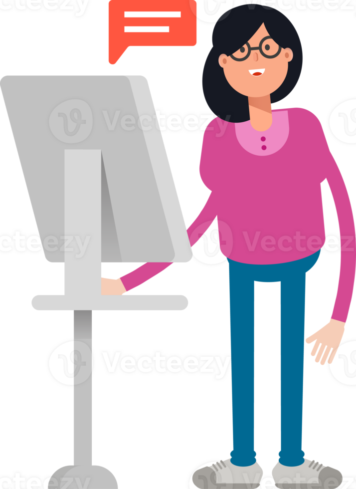 Geek Woman Character Working on Computer png