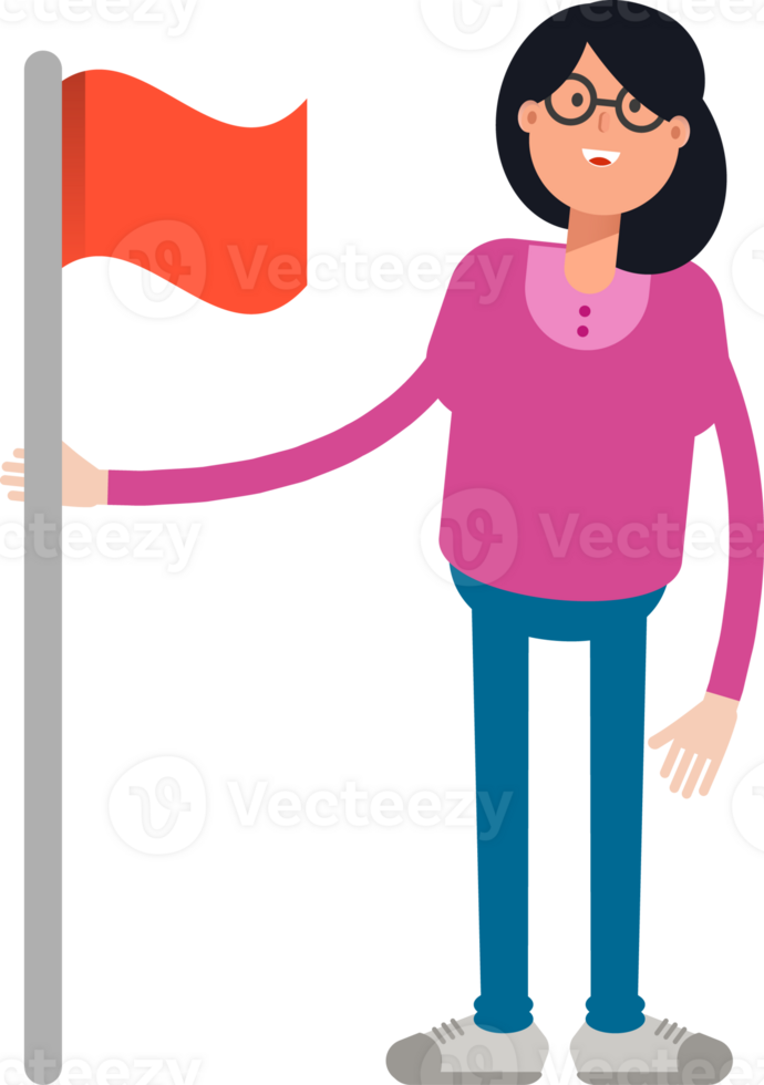 Geek Woman Character Holding Red Flag png
