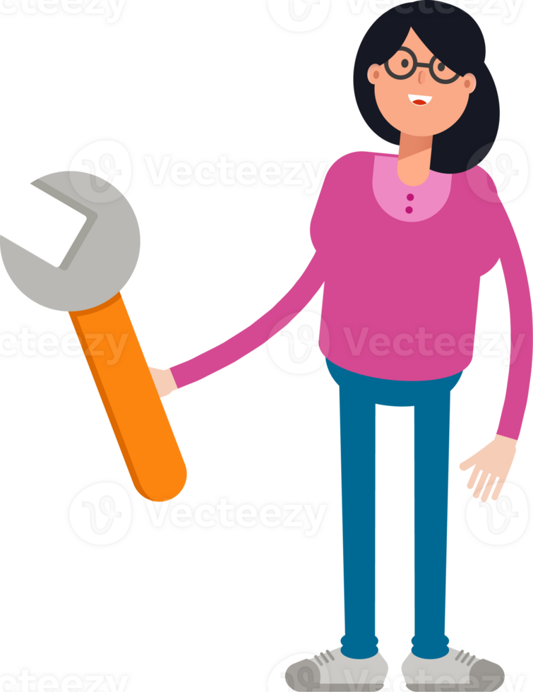 Geek Woman Character Holding Wrench Tool png