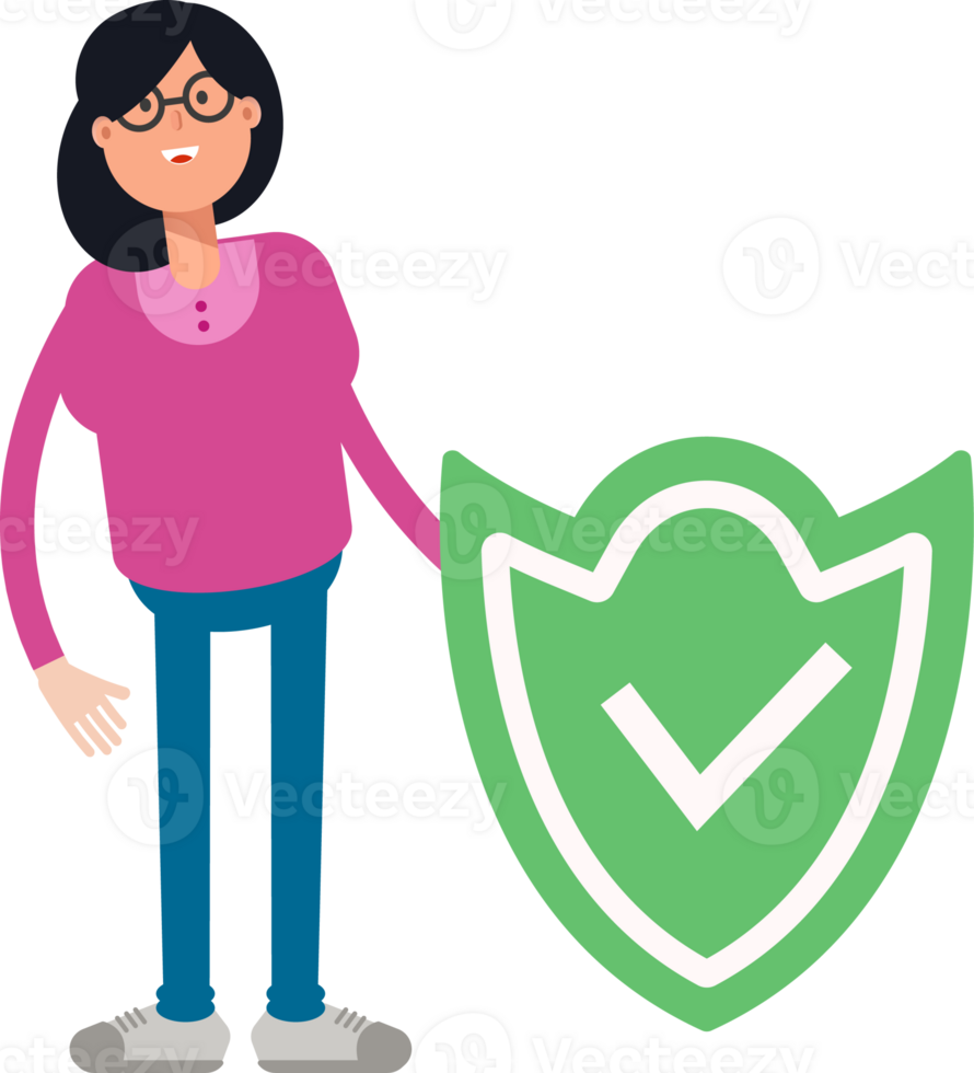 Geek Woman Character and Check Mark Shield png