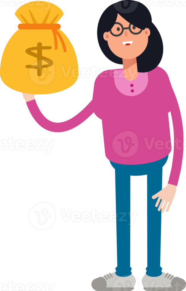 Geek Woman Character Holding Dollar Sack png