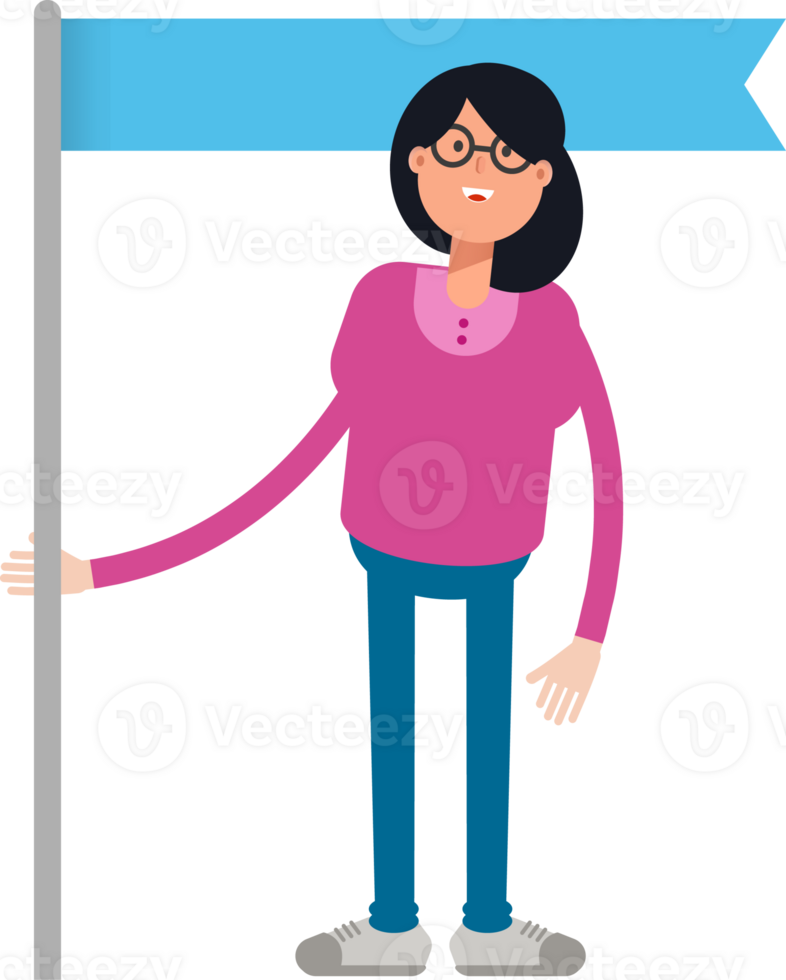 Geek Woman Character Holding Blue Flag Pole png