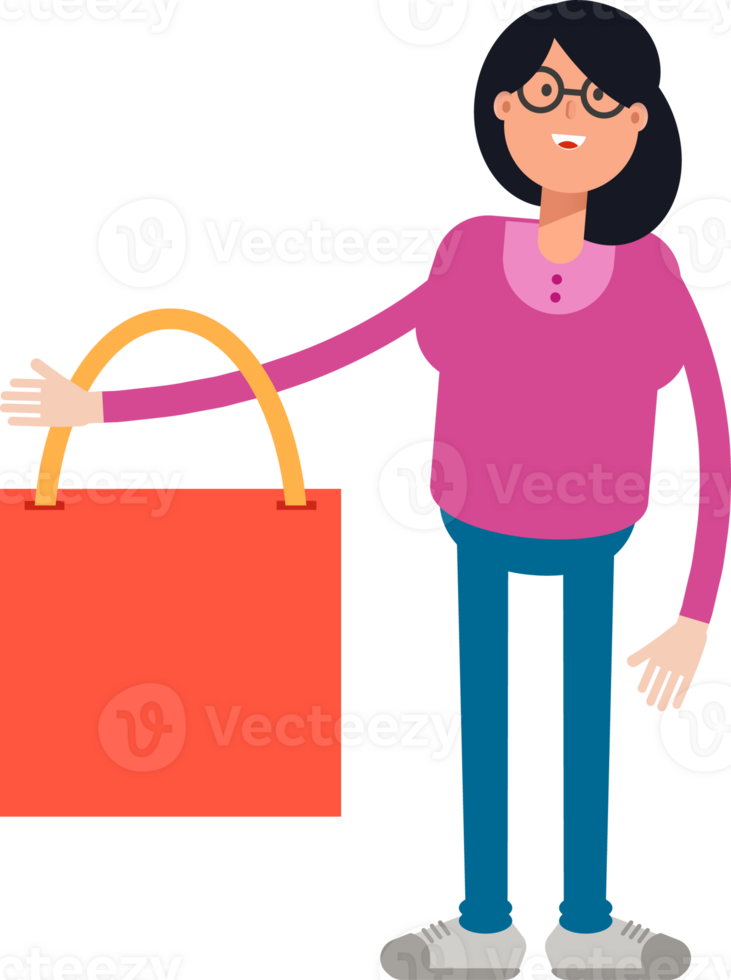 Geek Woman Character Holding Shopping Bag png
