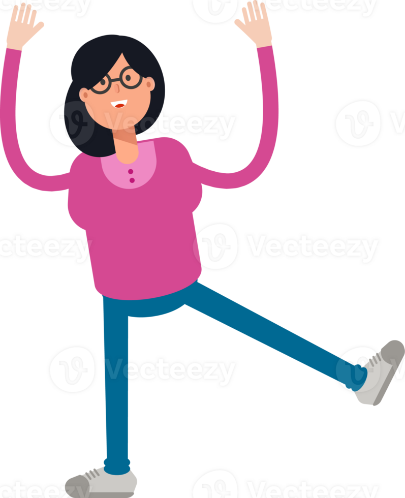 Geek Woman Character Relaxing and Rising Both Hands Illustration png