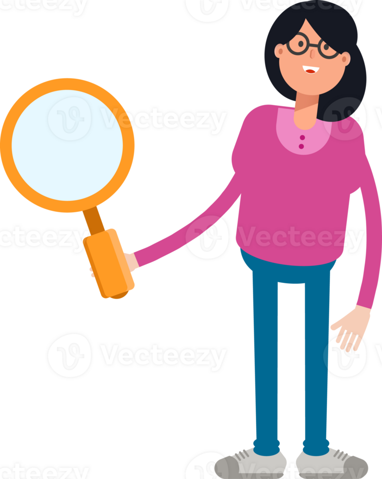 Geek Woman Character Holding Magnifier png