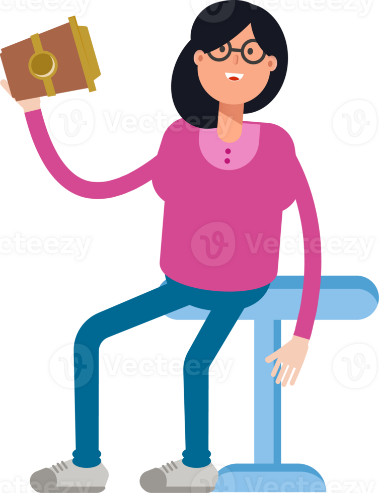 Geek Woman Character Sitting and Drinking Coffee png