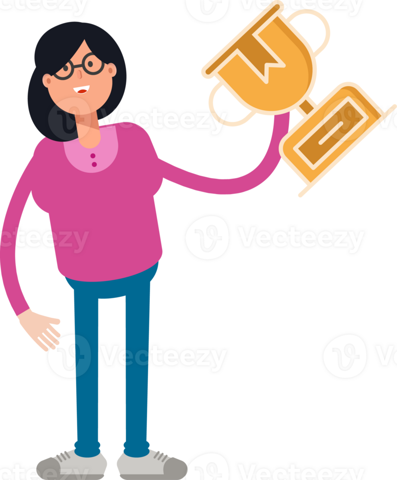 Geek Woman Character Holding Up Trophy png