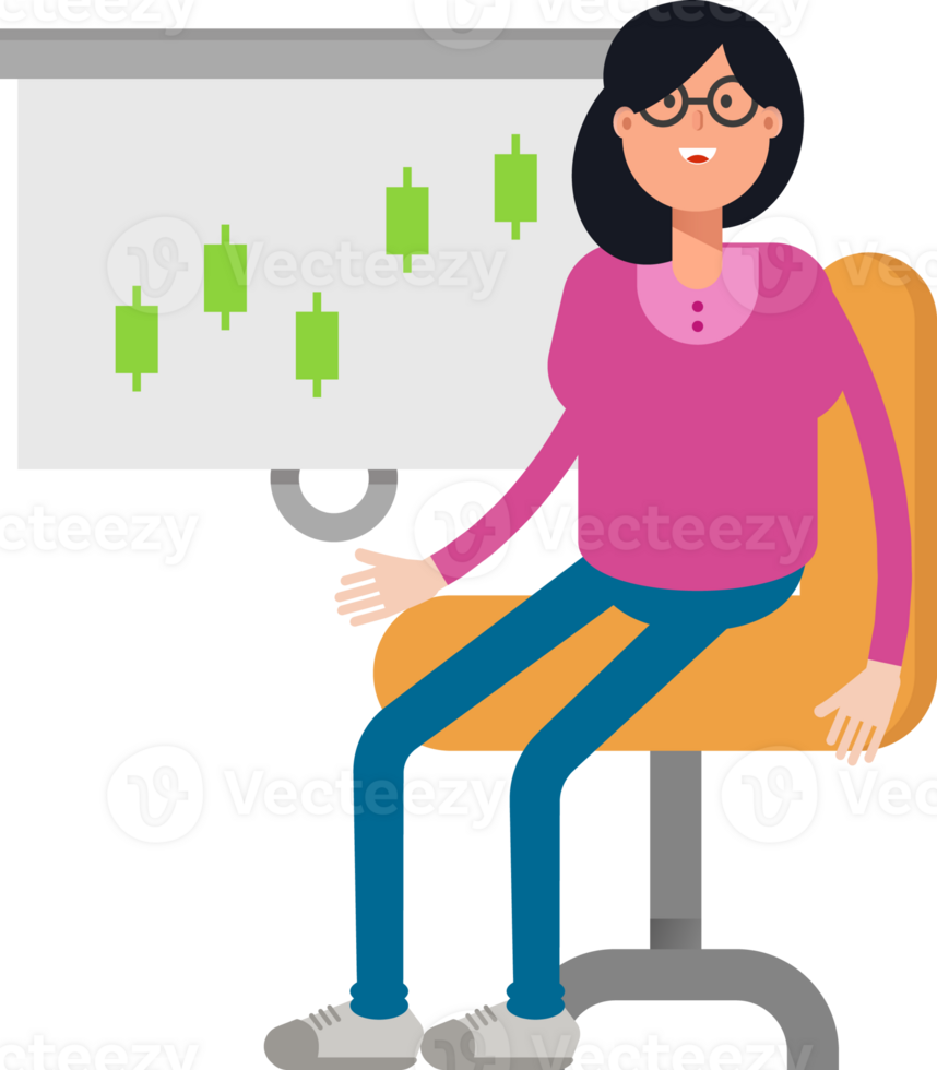 Geek Woman Character Presenting Candlestick Chart png