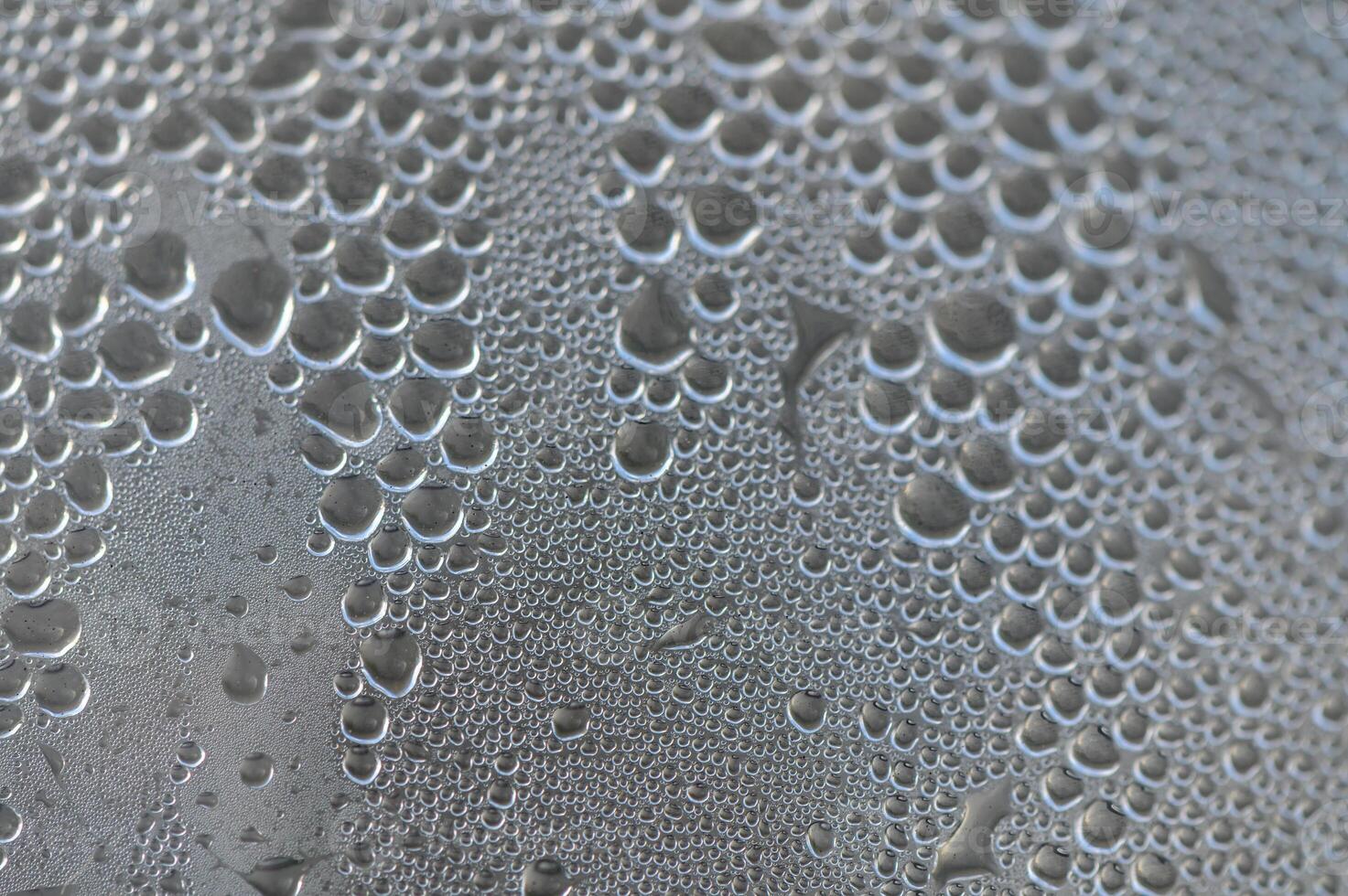 Water droplets collect on a glass surface reflecting intricate patterns under soft light photo