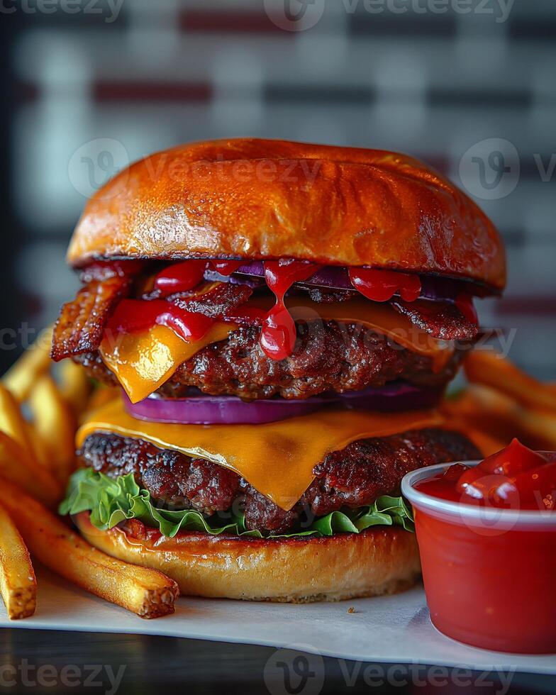 Juicy double cheeseburger stacked high with crispy bacon and served with golden fries. photo