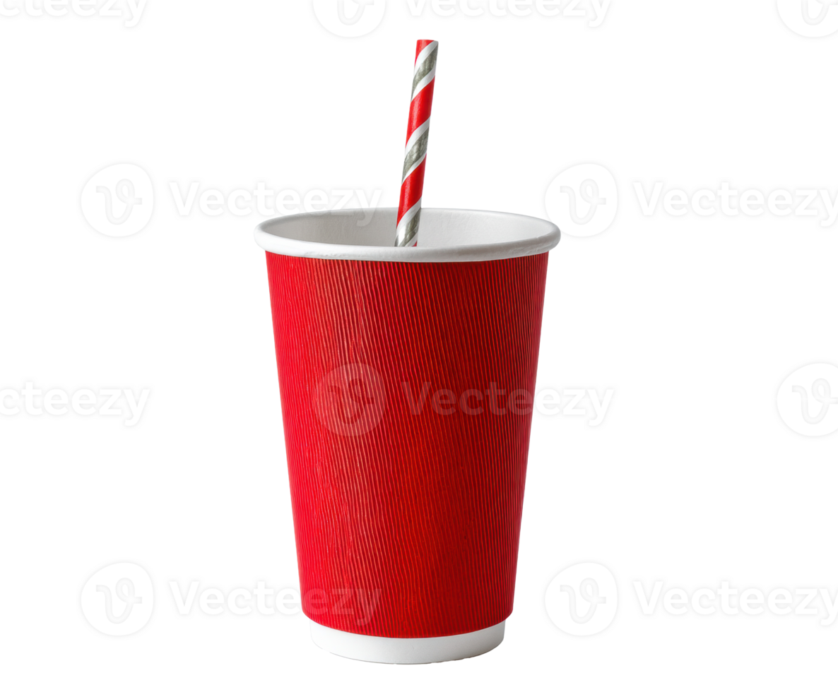 Bright red cup with striped straw for refreshing drinks png