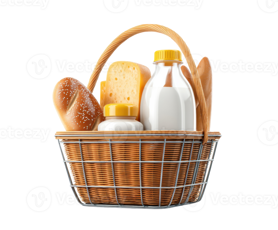 Fresh groceries in a woven basket for daily meal preparation png