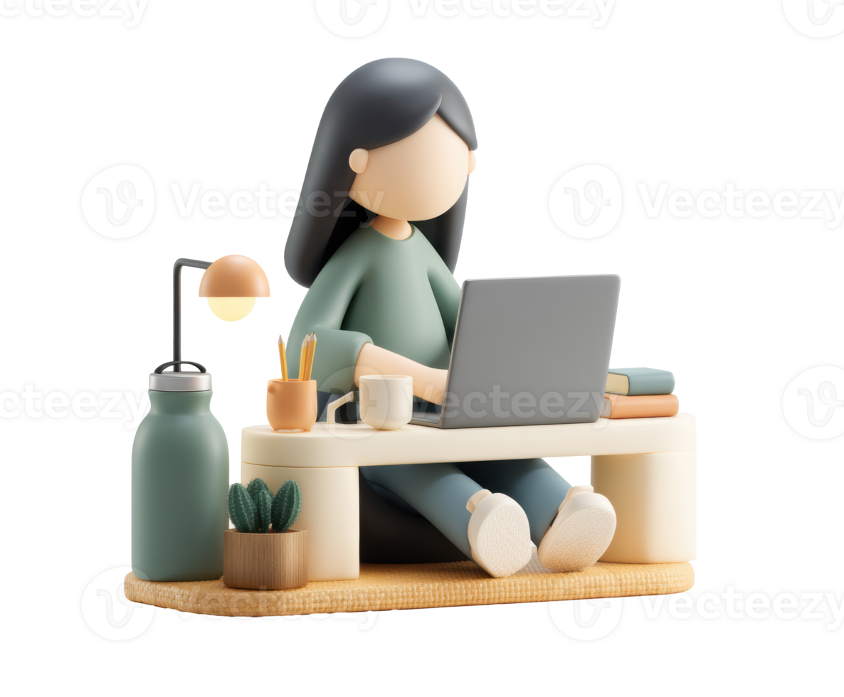 Woman working at desk with laptop and modern workspace accessories png