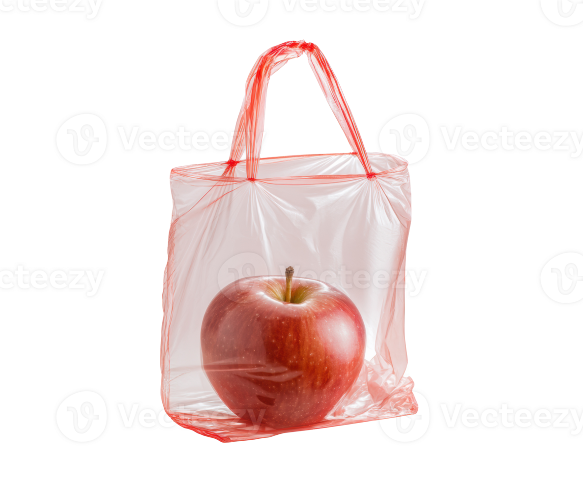 Red apple inside a clear plastic bag for grocery shopping png