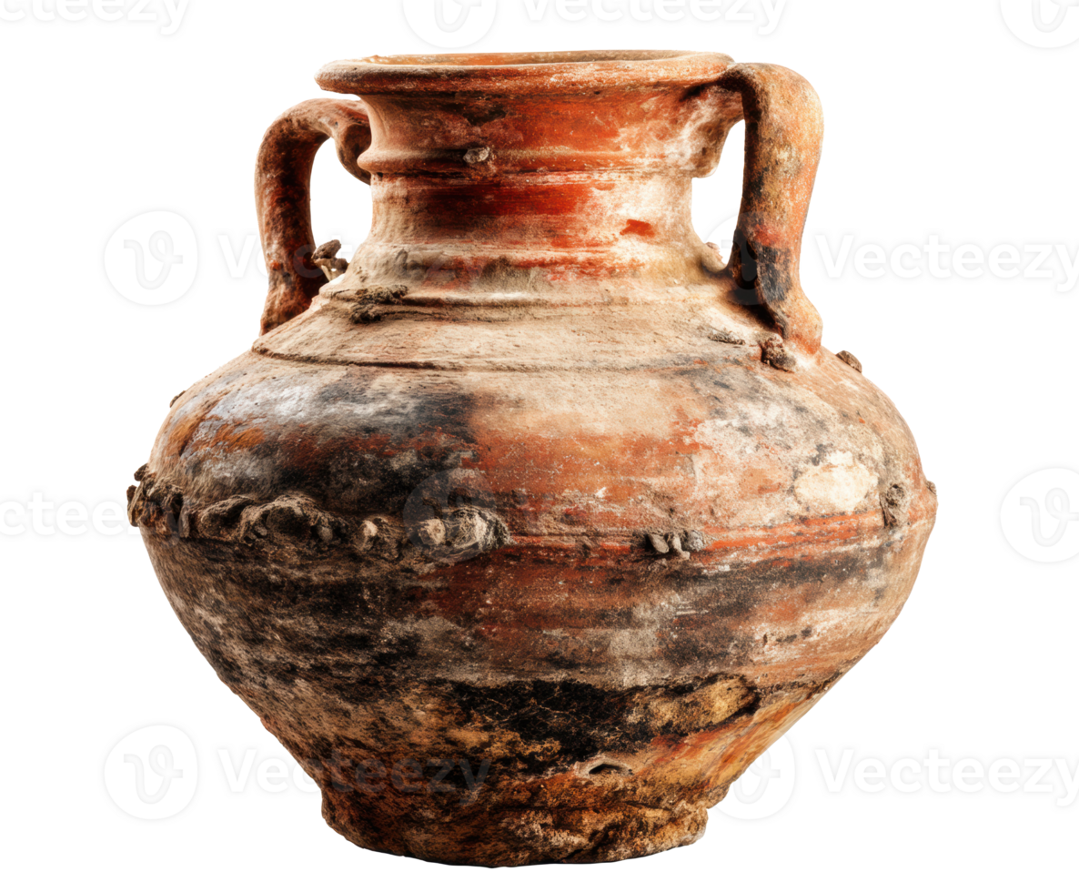 Ancient ceramic amphora artifact from archaeological excavation site png
