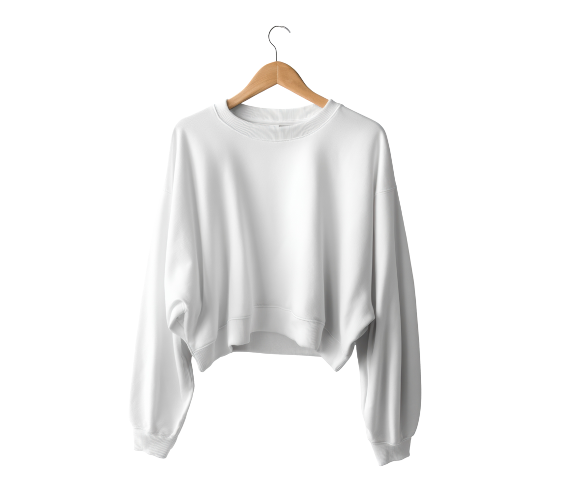 Simple white cropped sweatshirt hanging on wooden hanger png