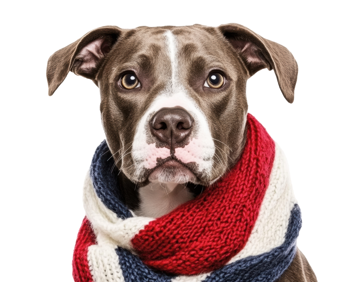 Adorable dog wearing a knitted scarf showing affection and charm png