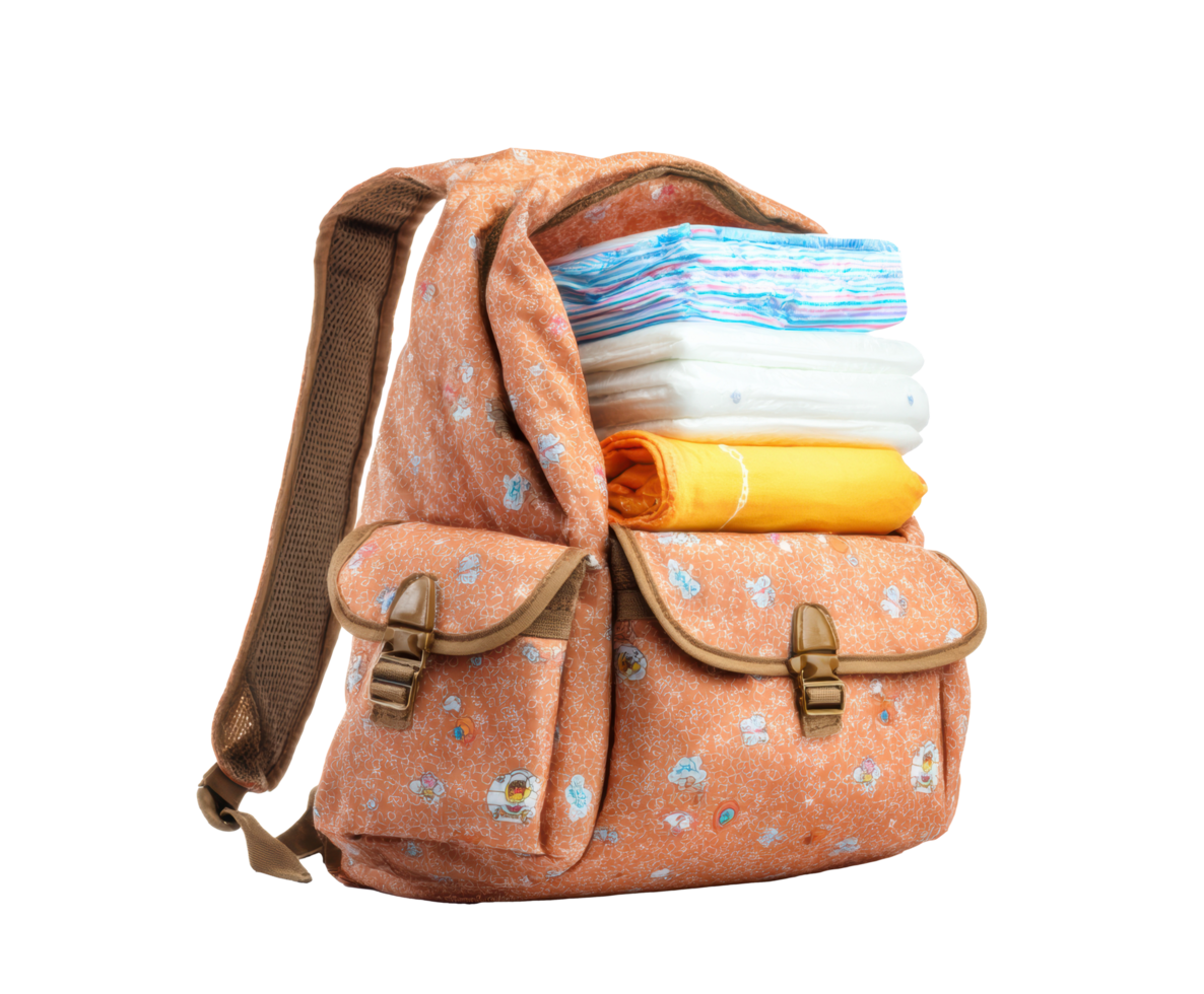 Cute diaper bag filled with colorful baby essentials for outings png