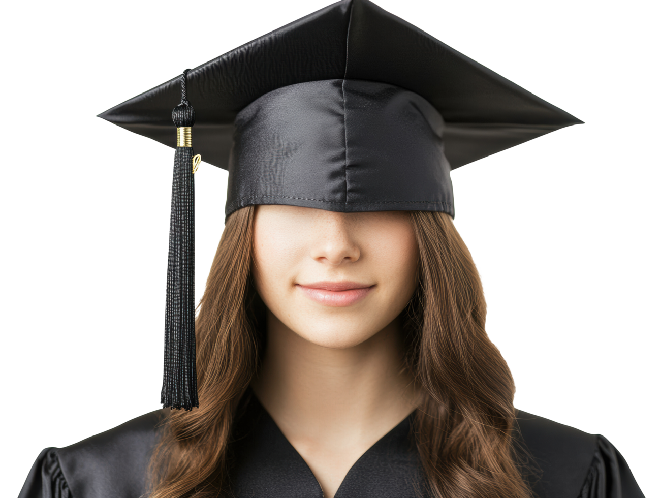 Graduation cap and gown worn by smiling female graduate png