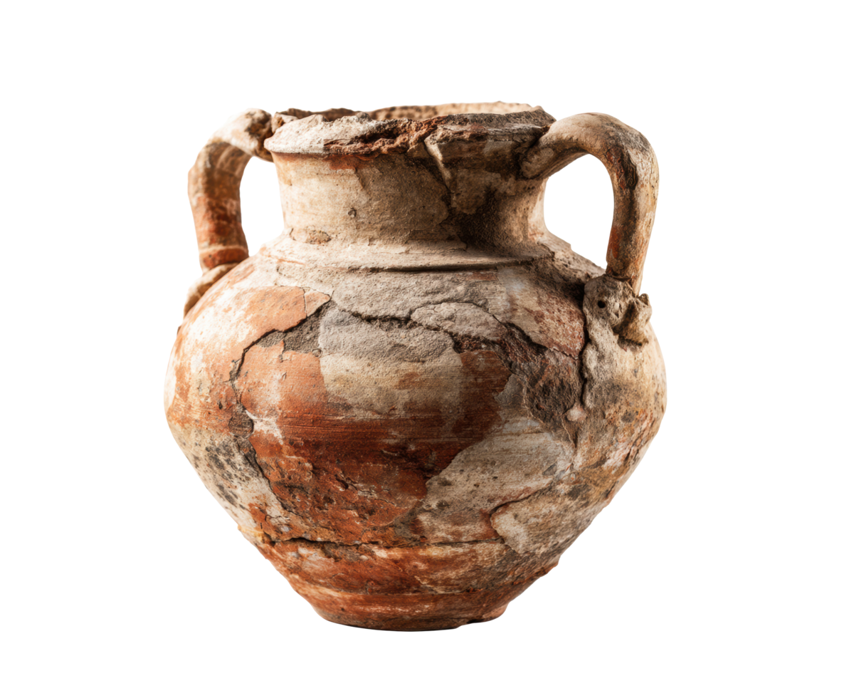 Ancient ceramic jug with handles from archaeological discovery site png