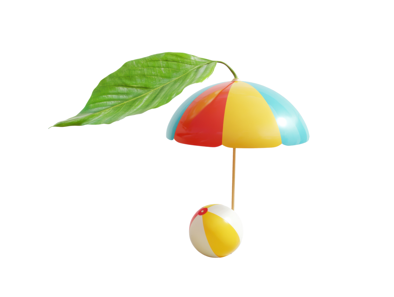 Bright beach umbrella with leaf and beach ball design element png