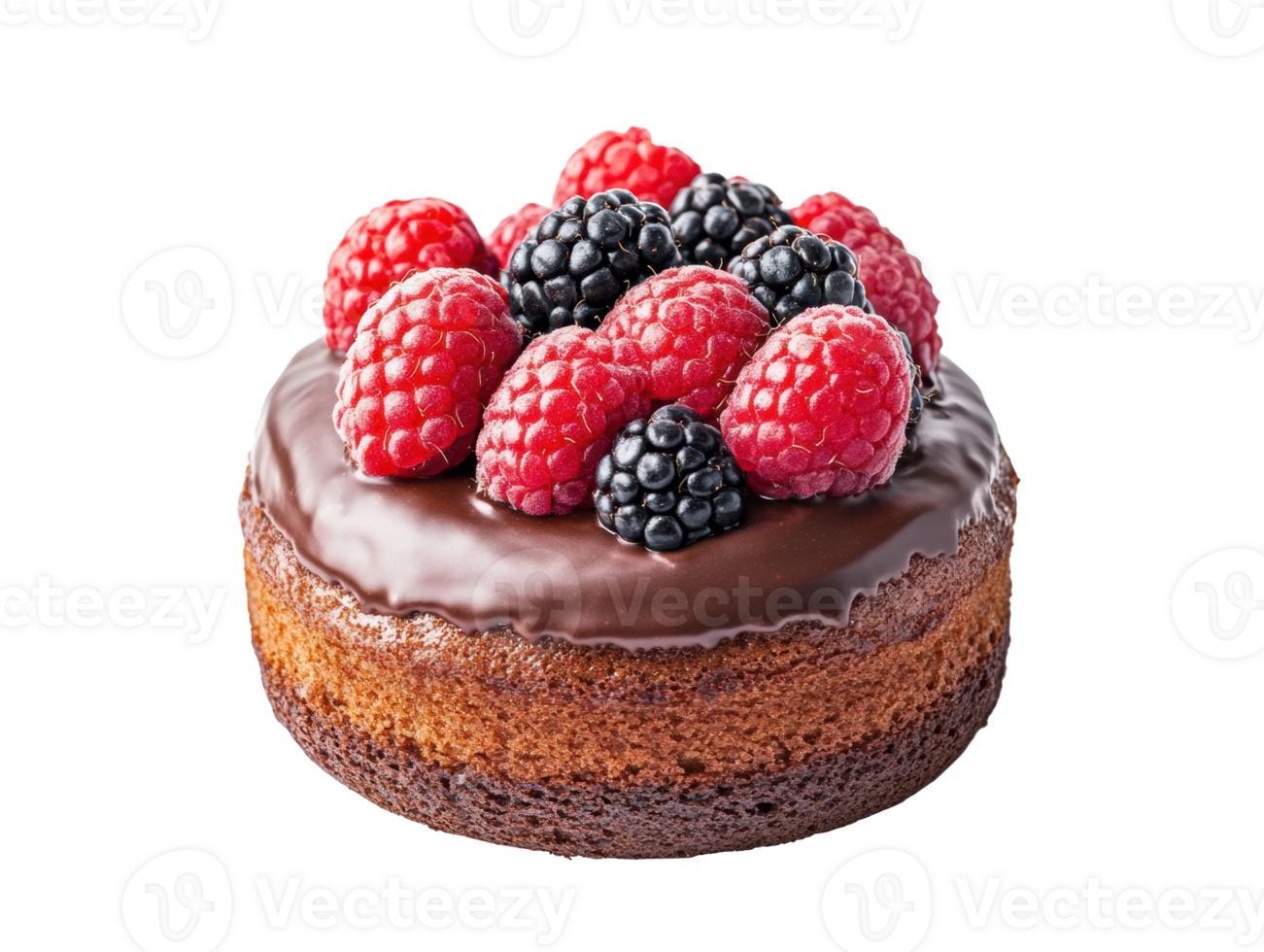 Decadent chocolate cake topped with fresh raspberries and blackberries png