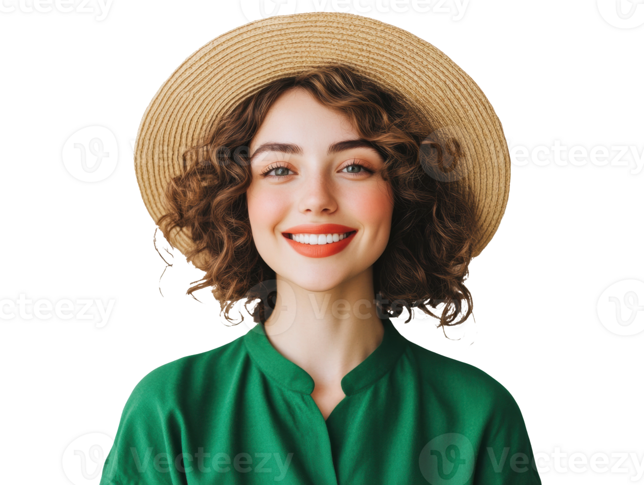 Smiling woman in green shirt and straw hat enjoying sunny day png