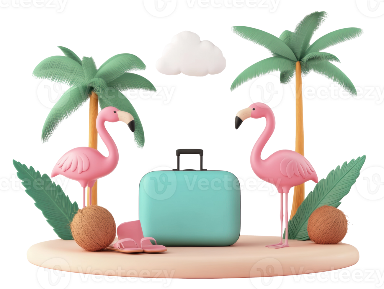Bright summer vacation setup with flamingos and suitcase on beach png