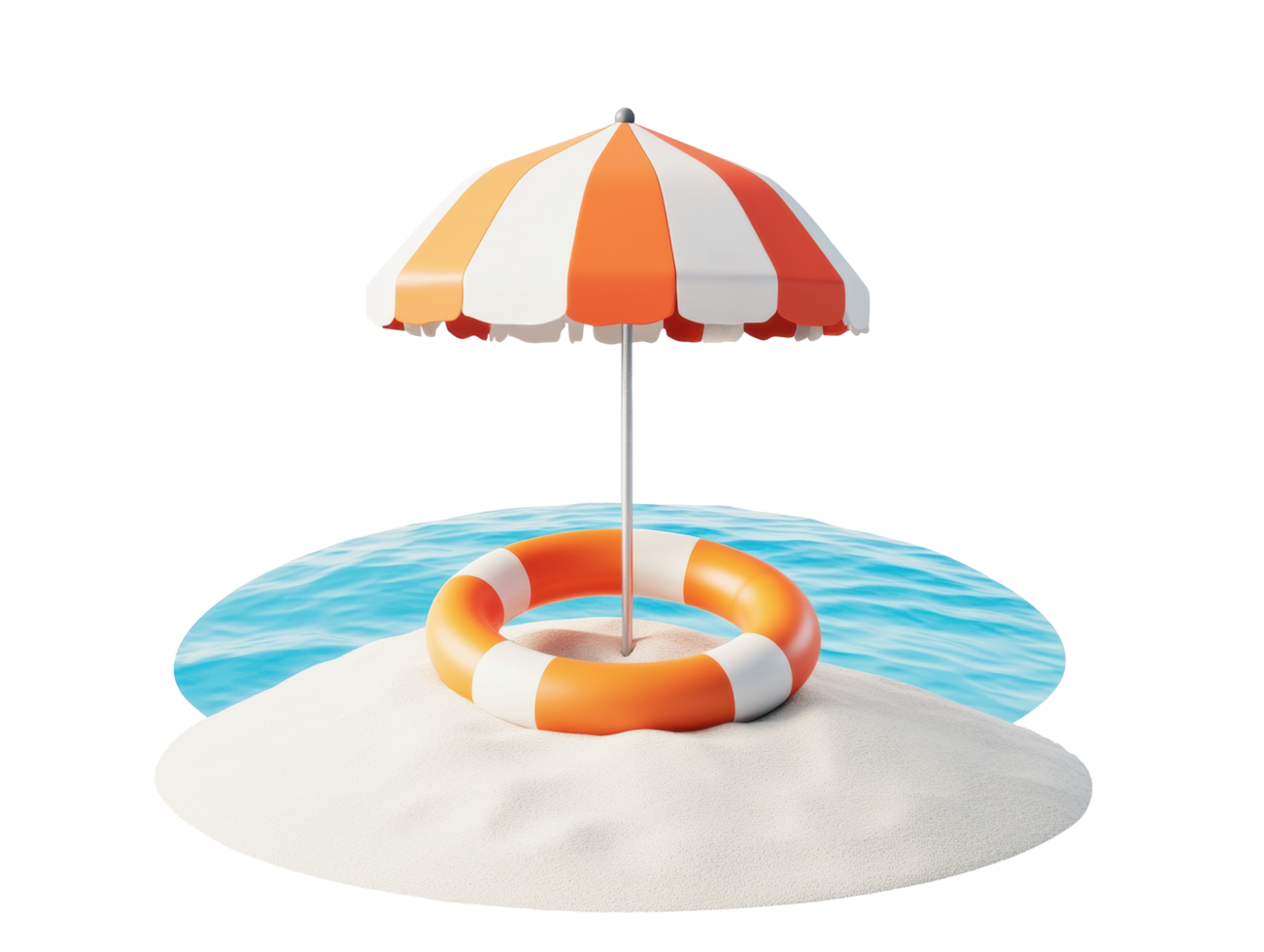Beach scene with umbrella and lifebuoy on sandy shore png