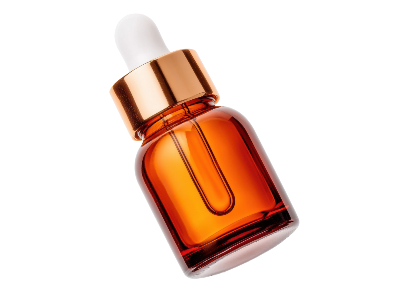 Brown glass dropper bottle with golden cap for cosmetics and skincare png