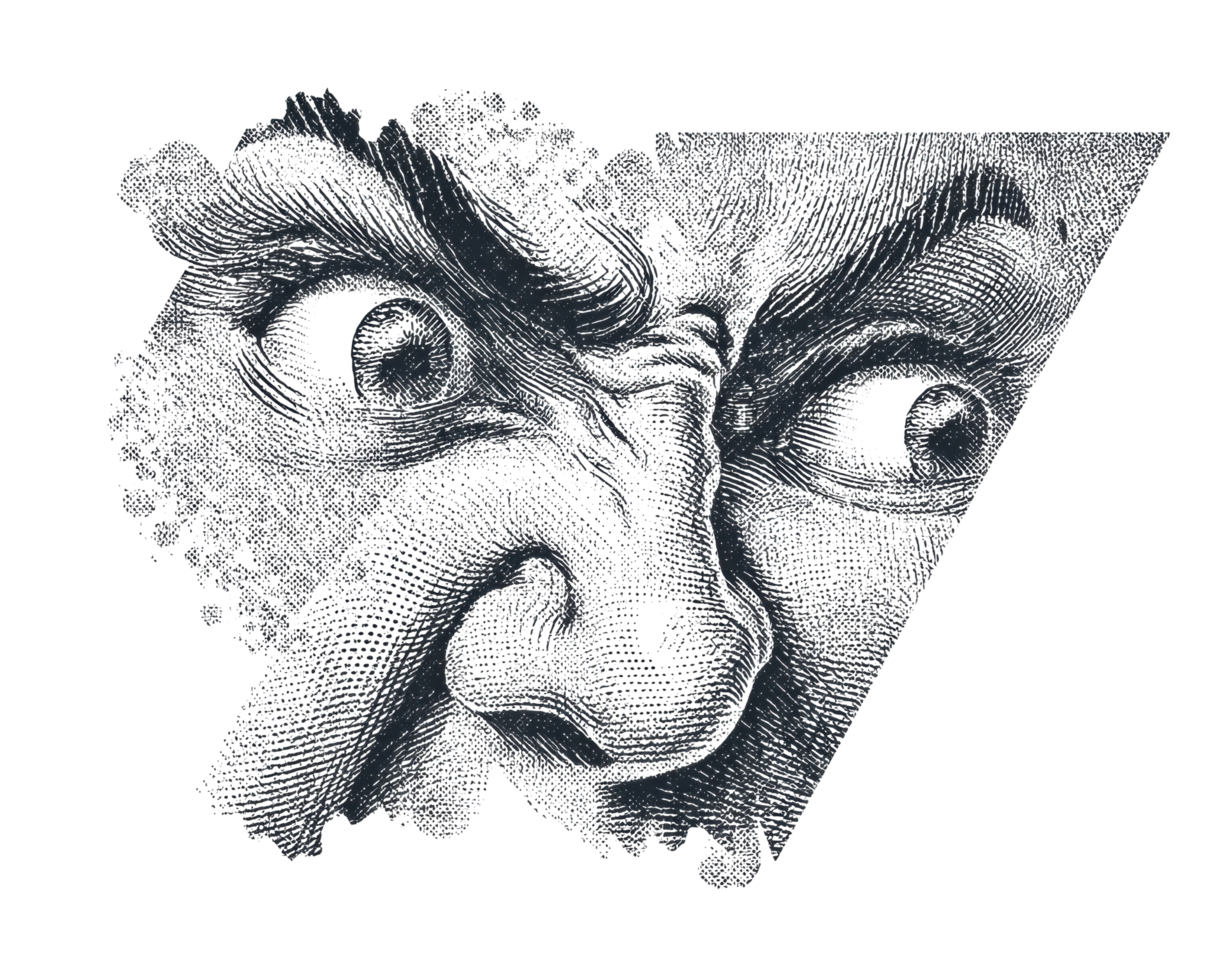 Intense expression of anger with dramatic facial features in black ink png