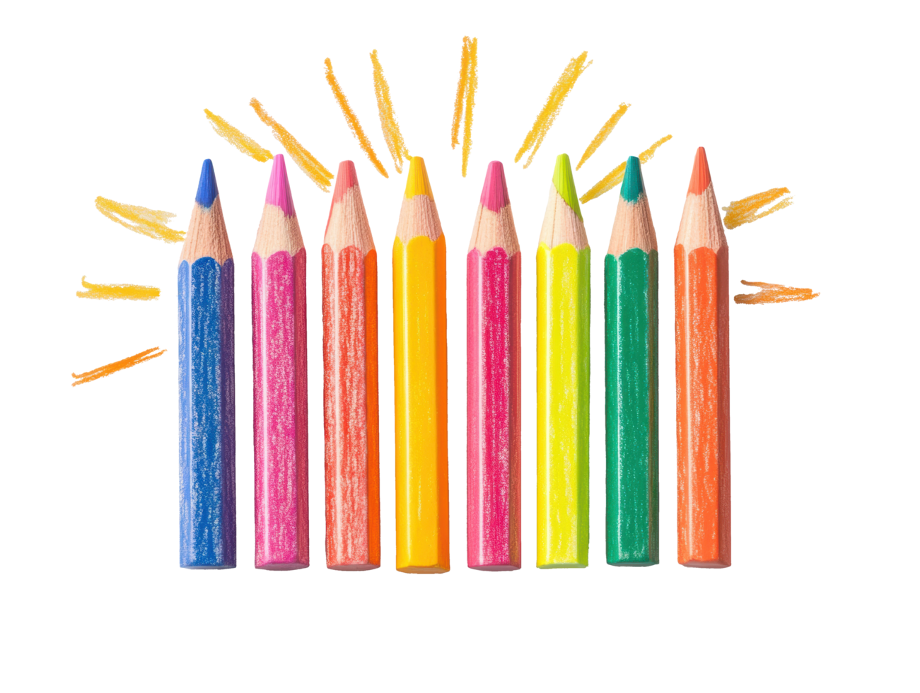 Colorful pencils creating a vibrant sun design for art projects png